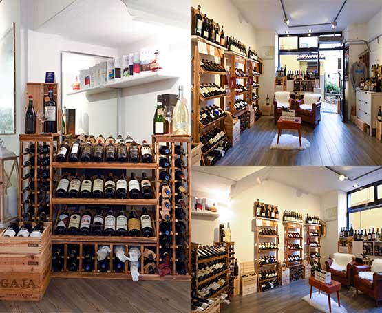 Collage dell'enoteca di Bellagio con scaffali di vini e poltrone in pelle